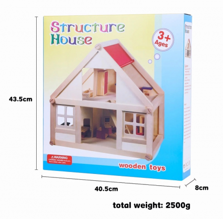 Casuta de papusi din lemn  cu 4 seturi de mobilier, 2 nivele, 20 de piese de mobilier in miniatura, 3 ani + [7]