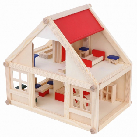 Casuta de papusi din lemn  cu 4 seturi de mobilier, 2 nivele, 20 de piese de mobilier in miniatura, 3 ani + [0]