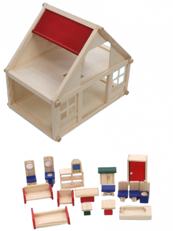 Casuta de papusi din lemn  cu 4 seturi de mobilier, 2 nivele, 20 de piese de mobilier in miniatura, 3 ani + [6]