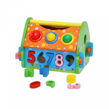 Casuta din Lemn cu Bile, Ciocan, Sortator de Forme Geometrice si Litere, Jucarie Educativa Montessori, Multicolora, Lemn, 20 Piese, 3 ani+, Edujucarii [3]