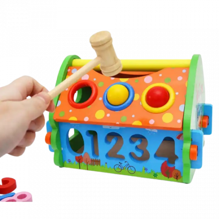 Casuta din Lemn cu Bile, Ciocan, Sortator de Forme Geometrice si Litere, Jucarie Educativa Montessori, Multicolora, Lemn, 20 Piese, 3 ani+, Edujucarii [2]