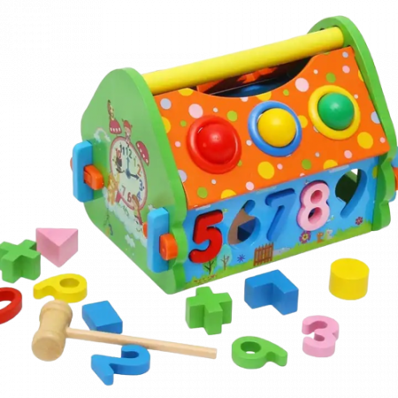 Casuta din Lemn cu Bile, Ciocan, Sortator de Forme Geometrice si Litere, Jucarie Educativa Montessori, Multicolora, Lemn, 20 Piese, 3 ani+, Edujucarii [0]