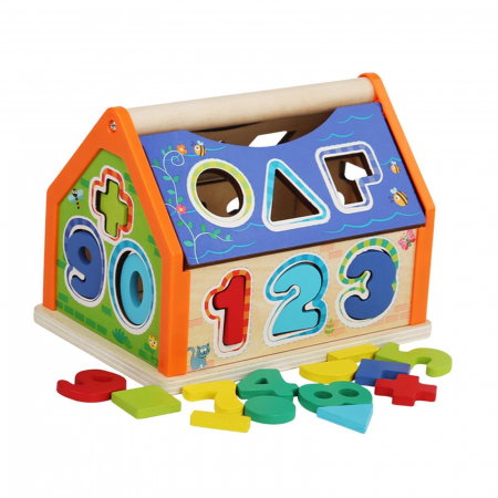 Jucarii interactive - Casuta Sortatoare de Forme Geometrice si Cifre, Operatii matematice, Montessori, 3 ani +