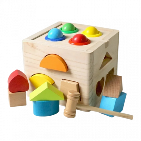 Cuburi si caramizi - Centru activitati din lemn cu 12 forme geometrice, 4 bile, Jucarie educativa Montessori, 3 ani +, Edujucarii