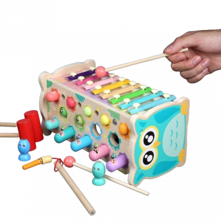Centru de activitati  multifunctional din lemn, Montessori 4 in 1, Bufnita cu xilofon și pescuit magnetic, 3 ani+, EduJucarii [6]