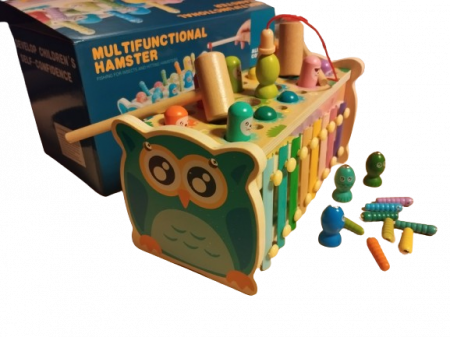 Centru de activitati  multifunctional din lemn, Montessori 4 in 1, Bufnita cu xilofon și pescuit magnetic, 3 ani+, EduJucarii [8]