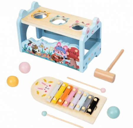 Jucarii interactive - Centru de activitati multifunctional din lemn, Montessori 2 in 1, Iepure cu xilofon și bile, 3 ani+, EduJucarii