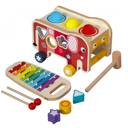 Centru de activitati multifunctional din lemn, Montessori 4 in 1, Elefant cu xilofon, roti zimtate, forme geometrice și bile, 3 ani+, EduJucarii