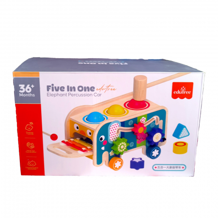 Centru de activitati multifunctional din lemn, Montessori 4 in 1, Elefant cu xilofon, roti zimtate, forme geometrice și bile, 3 ani+, EduJucarii [4]