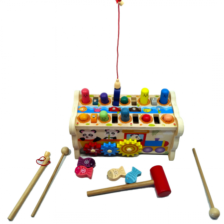 Centru de activitati multifunctional din lemn, Montessori 4 in 1, Panda Whac A Mole cu xilofon și pescuit magnetic [4]