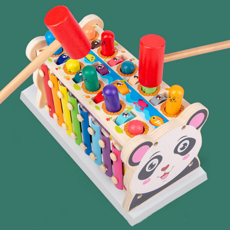 Centru de activitati multifunctional din lemn, Montessori 4 in 1, Panda Whac A Mole cu xilofon și pescuit magnetic [1]