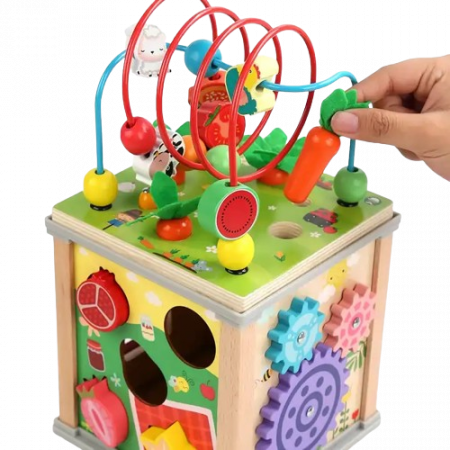 Centru din lemn educativ Montessori, Cub activitati bebelusi 7 in 1, labirint, fructe, viermisori, morcovi, sortator de fructe, xilofon, ceas, roti zimtate, 3 ani + [3]