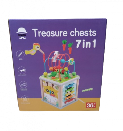 Centru din lemn educativ Montessori, Cub activitati bebelusi 7 in 1, labirint, fructe, viermisori, morcovi, sortator de fructe, xilofon, ceas, roti zimtate, 3 ani + [7]