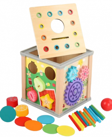 Centru din lemn educativ Montessori, Cub activitati bebelusi 7 in 1, labirint, fructe, viermisori, morcovi, sortator de fructe, xilofon, ceas, roti zimtate, 3 ani + [5]