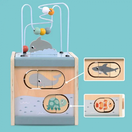 Centru din lemn educativ Montessori, Cub activitati bebelusi 5 in 1, delfin, 1 an+ [11]