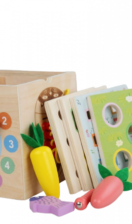 Centru din lemn educativ Montessori, Cub activitati bebelusi 8 in 1, forme geometrice, viermisori, pestisori, morcovi, sireturi, ceas, morcovi, 3 ani + [9]