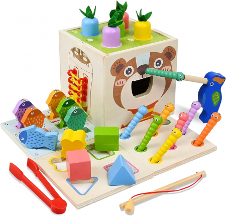 Centru din lemn educativ Montessori, Cub activitati bebelusi 8 in 1, forme geometrice, viermisori, pestisori, morcovi, sireturi, ceas, morcovi, 3 ani + [0]