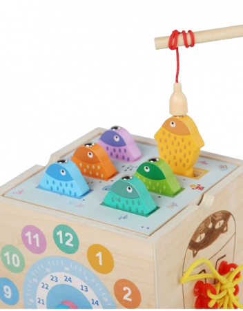 Centru din lemn educativ Montessori, Cub activitati bebelusi 8 in 1, forme geometrice, viermisori, pestisori, morcovi, sireturi, ceas, morcovi, 3 ani + [7]