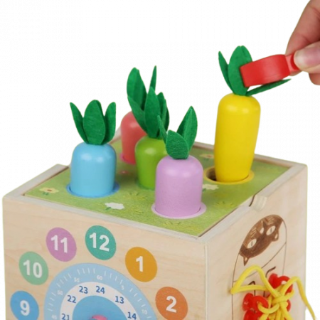Centru din lemn educativ Montessori, Cub activitati bebelusi 8 in 1, forme geometrice, viermisori, pestisori, morcovi, sireturi, ceas, morcovi, 3 ani + [3]