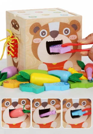Centru din lemn educativ Montessori, Cub activitati bebelusi 8 in 1, forme geometrice, viermisori, pestisori, morcovi, sireturi, ceas, morcovi, 3 ani + [8]
