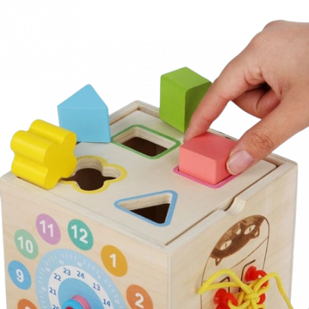 Centru din lemn educativ Montessori, Cub activitati bebelusi 8 in 1, forme geometrice, viermisori, pestisori, morcovi, sireturi, ceas, morcovi, 3 ani + [2]