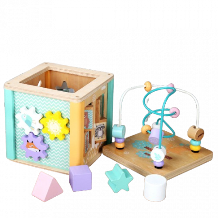 Centru din lemn educativ Montessori, Cub activitati bebelusi 5 in 1, Roti zimtate, forme geometrice, animale de padure, Labirint, 3 ani +, Edujucarii [4]