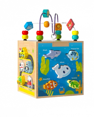 Centru din lemn educativ Montessori, Cub activitati bebelusi 5 in 1, Vietati Marine, vehicule, animale de padure si forme geometrice, 3 ani +, Edujucarii [0]
