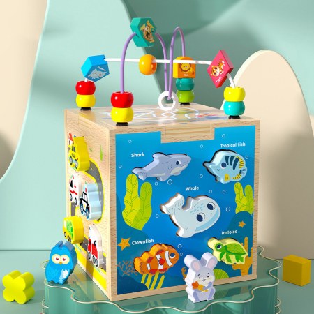 Centru din lemn educativ Montessori, Cub activitati bebelusi 5 in 1, Vietati Marine, vehicule, animale de padure si forme geometrice, 3 ani +, Edujucarii [4]
