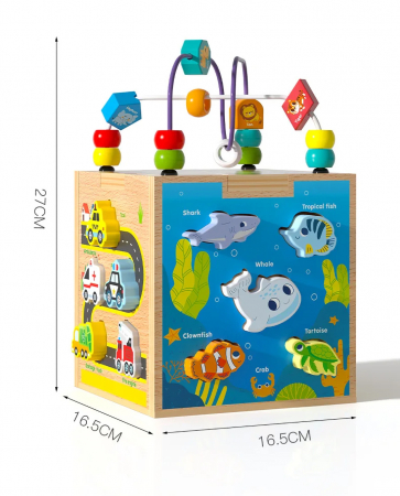 Centru din lemn educativ Montessori, Cub activitati bebelusi 5 in 1, Vietati Marine, vehicule, animale de padure si forme geometrice, 3 ani +, Edujucarii [1]