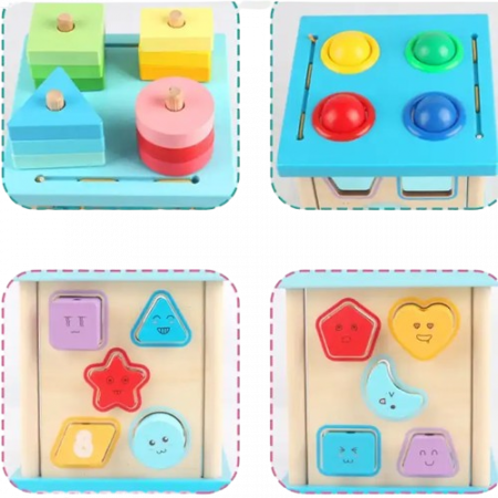 Centru din lemn educativ Montessori, Cub activitati 4 in 1, Sortator de forme geometrice, 3 ani + [1]