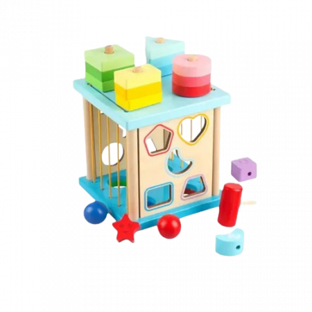 Centru din lemn educativ Montessori, Cub activitati 4 in 1, Sortator de forme geometrice, 3 ani +