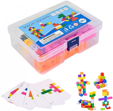 De Bebe - Cuburi de constructie Magic Square, plastic, 60 Bucati,  10 culori diferite, 30 Carduri cu Modele, 3 ani+, EduJucarii