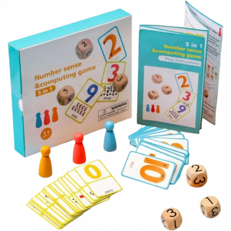 Jocuri de societate - Joc aritmetic cu carduri, pioni si zaruri, Number sense, 5 in 1, 3 ani+, EduJucarii