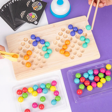 Joc de atentie, rabdare, rapiditate, sortare si indemanare, 64 bile colorate din lemn si accesorii, Joc tip Montessori,  Bead Fight, 3 ani+, [3]