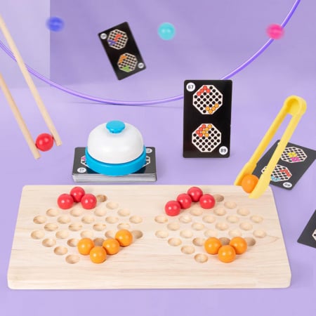 Joc de atentie, rabdare, rapiditate, sortare si indemanare, 64 bile colorate din lemn si accesorii, Joc tip Montessori,  Bead Fight, 3 ani+, [9]