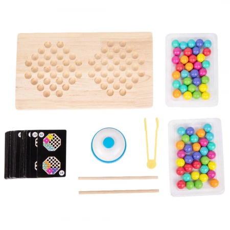 Joc de atentie, rabdare, rapiditate, sortare si indemanare, 64 bile colorate din lemn si accesorii, Joc tip Montessori,  Bead Fight, 3 ani+, [2]