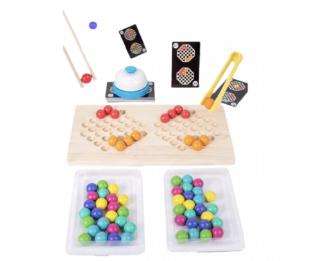 Joc de atentie, rabdare, rapiditate, sortare si indemanare, 64 bile colorate din lemn si accesorii, Joc tip Montessori,  Bead Fight, 3 ani+, [1]