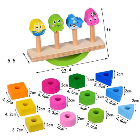 Joc de echilibru si sortare, Balanta cu Animale si Fructe, forme geometrice, 4 coloane, Montessori, + 3 ani, Edujucarii [7]