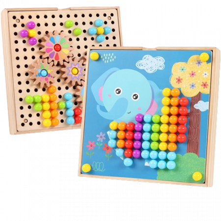 Joc de indemanare si asociere culori, Mozaic, roti zimtate, pioni colorati din lemn si 10 planse, 196 de piese, Joc tip Montessori, 3 ani+, Edujucarii [3]