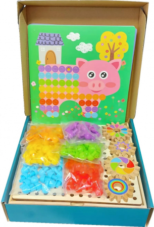 Joc de indemanare si asociere culori, Mozaic, roti zimtate, pioni colorati din lemn si 10 planse, 196 de piese, Joc tip Montessori, 3 ani+, Edujucarii [7]