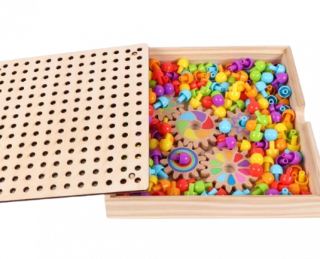 Joc de indemanare si asociere culori, Mozaic, roti zimtate, pioni colorati din lemn si 10 planse, 196 de piese, Joc tip Montessori, 3 ani+, Edujucarii [8]