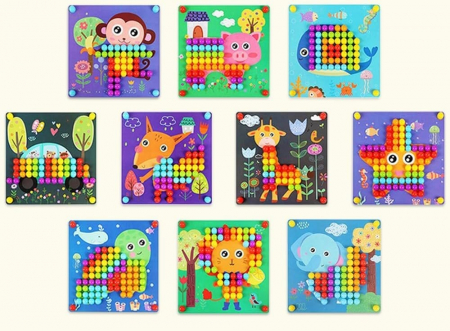 Joc de indemanare si asociere culori, Mozaic, roti zimtate, pioni colorati din lemn si 10 planse, 196 de piese, Joc tip Montessori, 3 ani+, Edujucarii [1]