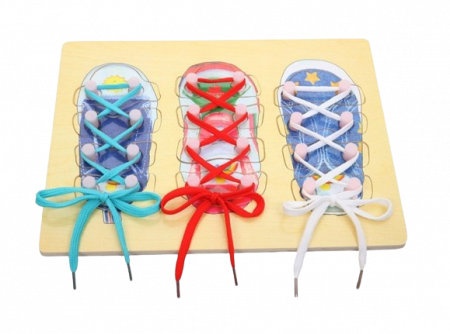 Joc De Indemanare, Snuruit cu sireturi, 3 pantofi colorati, Montessori, Lemn, 3 ani+, Edujucarii [2]