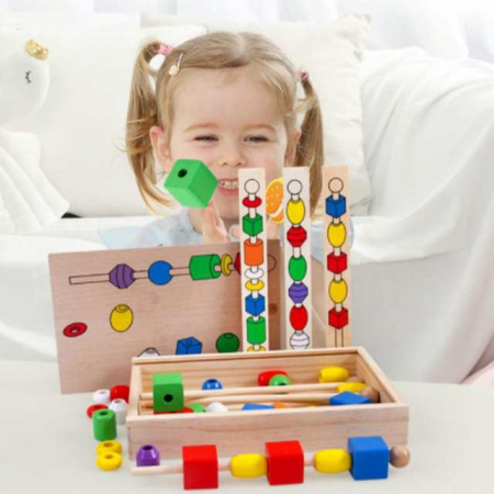 Joc de insiruire si sortare dupa model, siruri cu margele din lemn, indemanare, Montessori [6]
