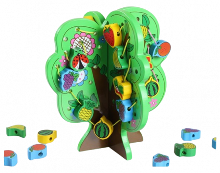 Frumusete, bijuterii si accesorii fetite - Joc 2 in 1 de snuruit si insirat margele lemn, copac cu fructe, Montessori, 3 ani +