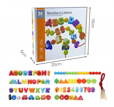 Joc de Snuruit cu Margele din Lemn, Joc de abilitati,  Numbers Letters 75 piese, 3 ani+, EduJucarii [3]