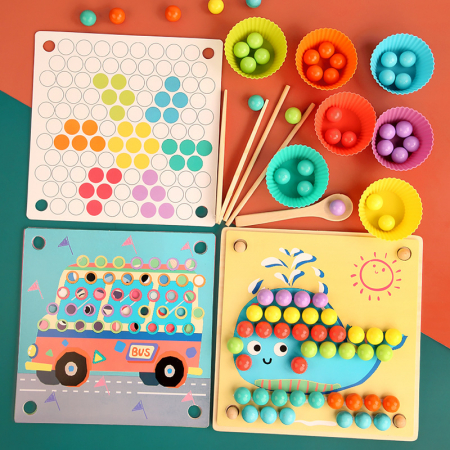 Joc de sortare, indemanare si asociere culori, 77 bile colorate din lemn si accesorii, Joc tip Montessori, 3 ani+ [10]