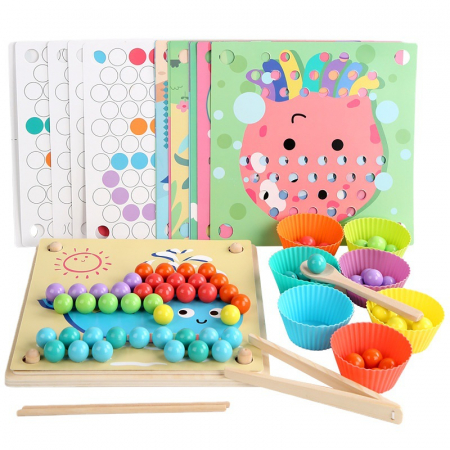 Joc de sortare, indemanare si asociere culori, 77 bile colorate din lemn si accesorii, Joc tip Montessori, 3 ani+ [0]