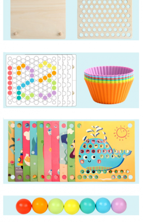 Joc de sortare, indemanare si asociere culori, 77 bile colorate din lemn si accesorii, Joc tip Montessori, 3 ani+ [7]