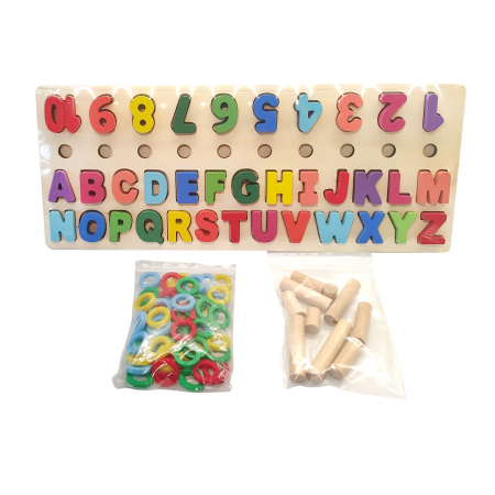 Jucarii educative - Puzzle didactic educativ din lemn, Alfabet, Numere și Inelule de sortare, Logaritmic, Montessori, Alphanumeric pairing, 101 piese, 3 ani+, EduJucarii